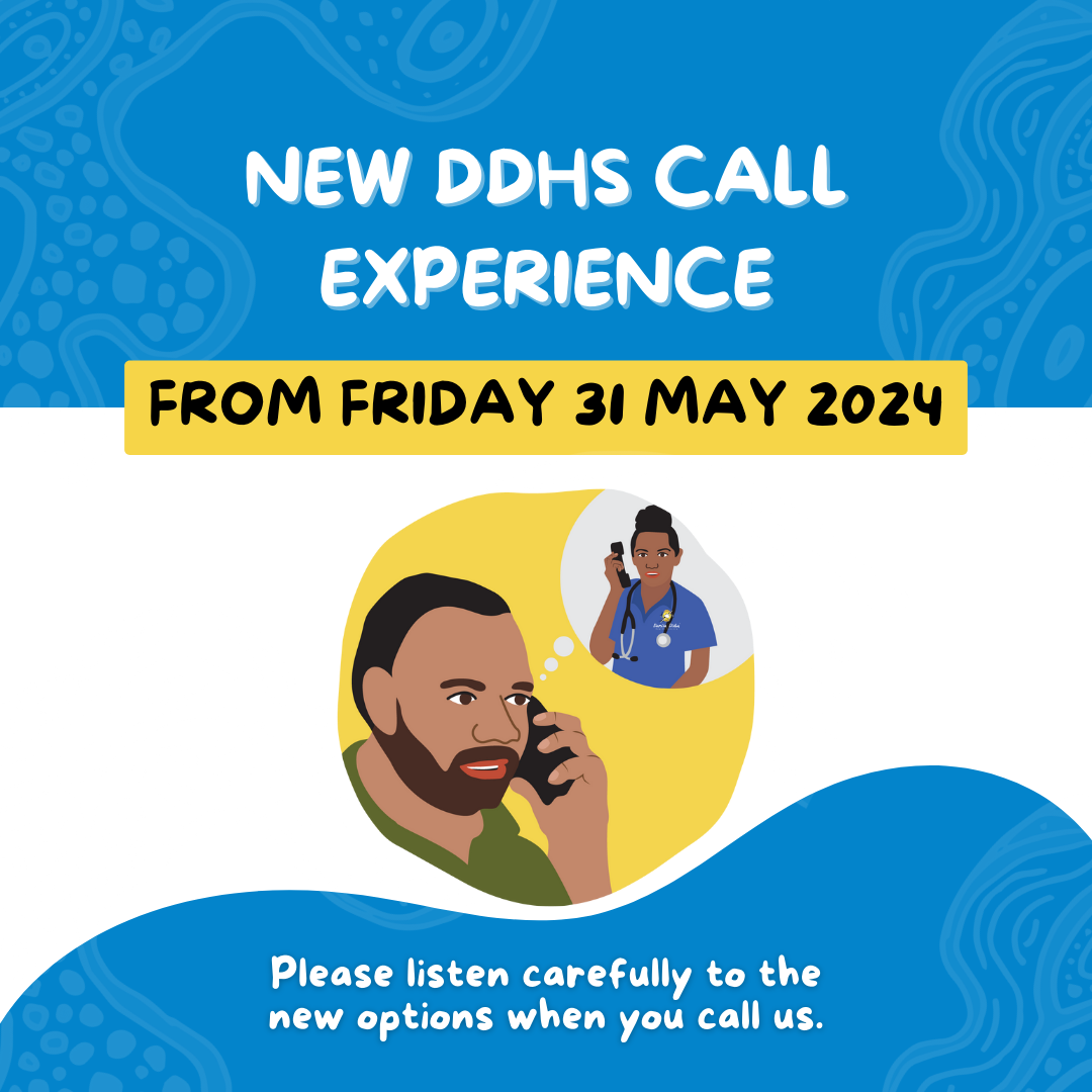 Image of man calling a clinic staff member with the words New DDHS Call Experience - please listen carefully to the new options when you call us. 