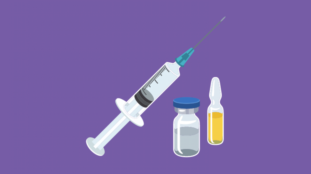Cartoon image of syringe and vaccine vials