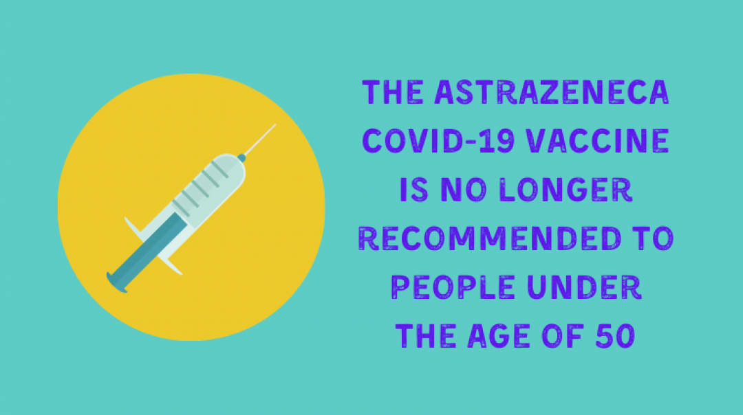 Image of syringe with text: The Astrazeneca COVID 19 vaccine is no longer recommended to people under the age of 50